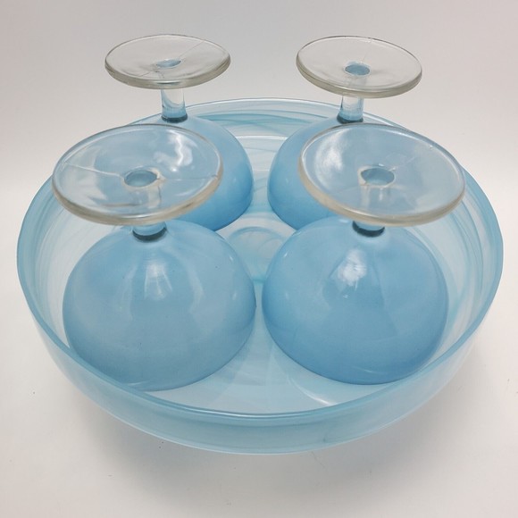 Blue Art Decor Raised Pedestal Platter Plate Cake Stand Wt 4 Ice Cream Wine Cups - Picture 2 of 12